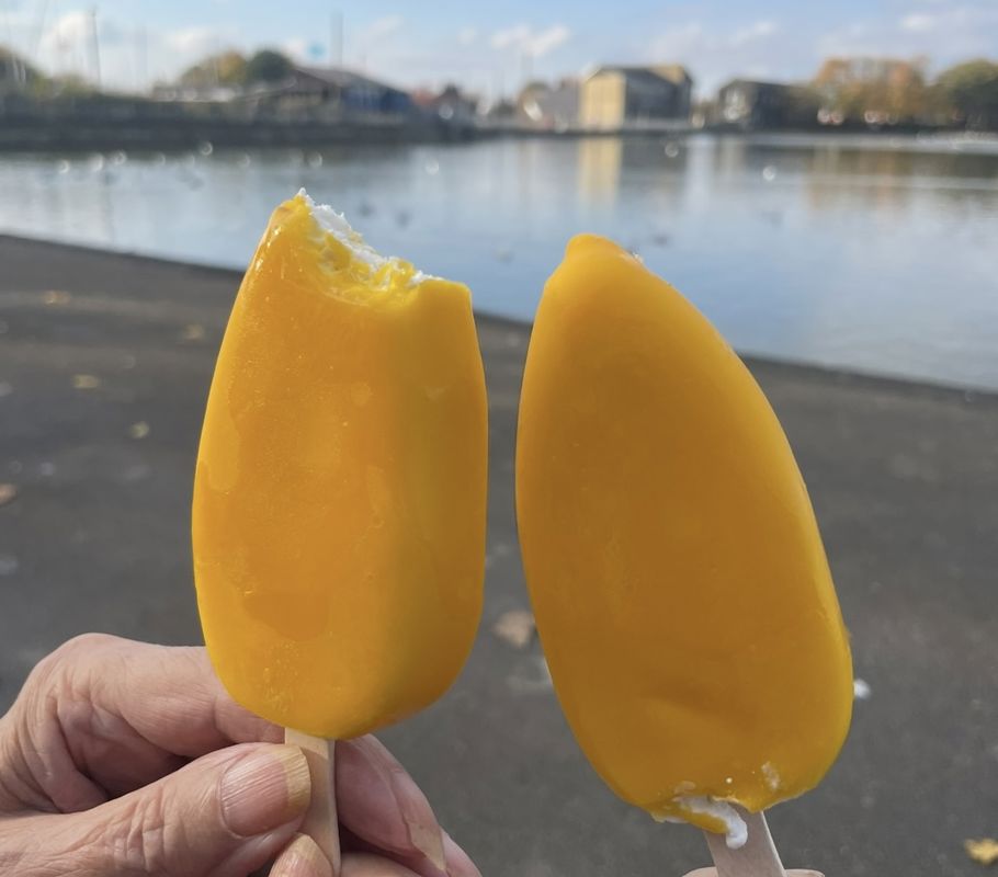 Rachel Critchley and a Client enjoying ice creams while overlooking Yeadon Tarn during a fundraising walk.