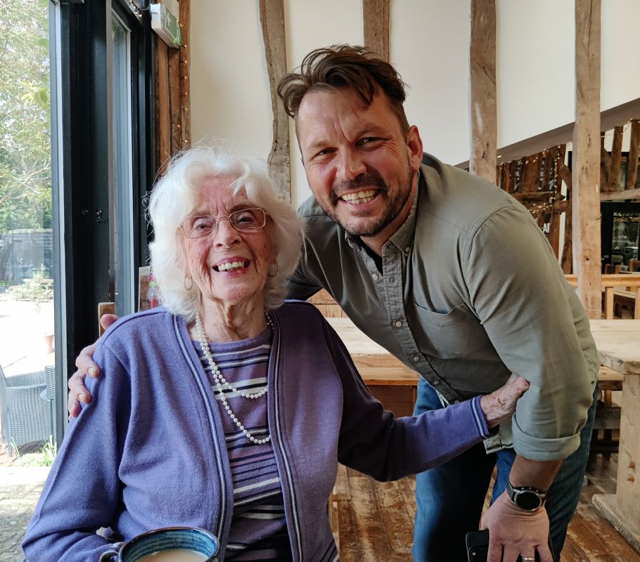 homecare client enjoying tea out and about at Jimmy's Farm in Rushmere St Andrew