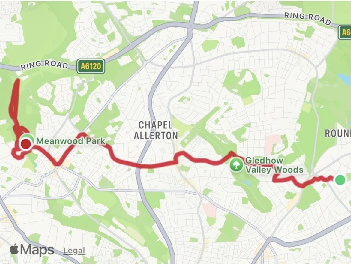 Google Maps route showing part of the Walk for Hearts fundraising walk completed by the Right at Home North Leeds, Otley & Horsforth team.