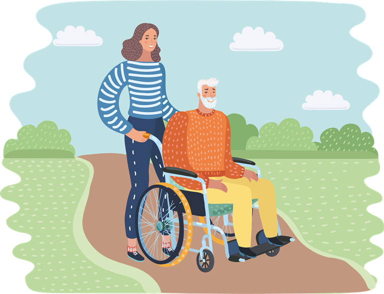 Illustration of carer pushing a man in a wheelchair