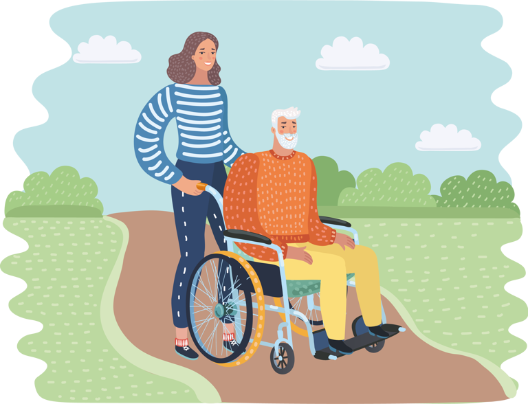 Illustration of carer pushing a man in a wheelchair