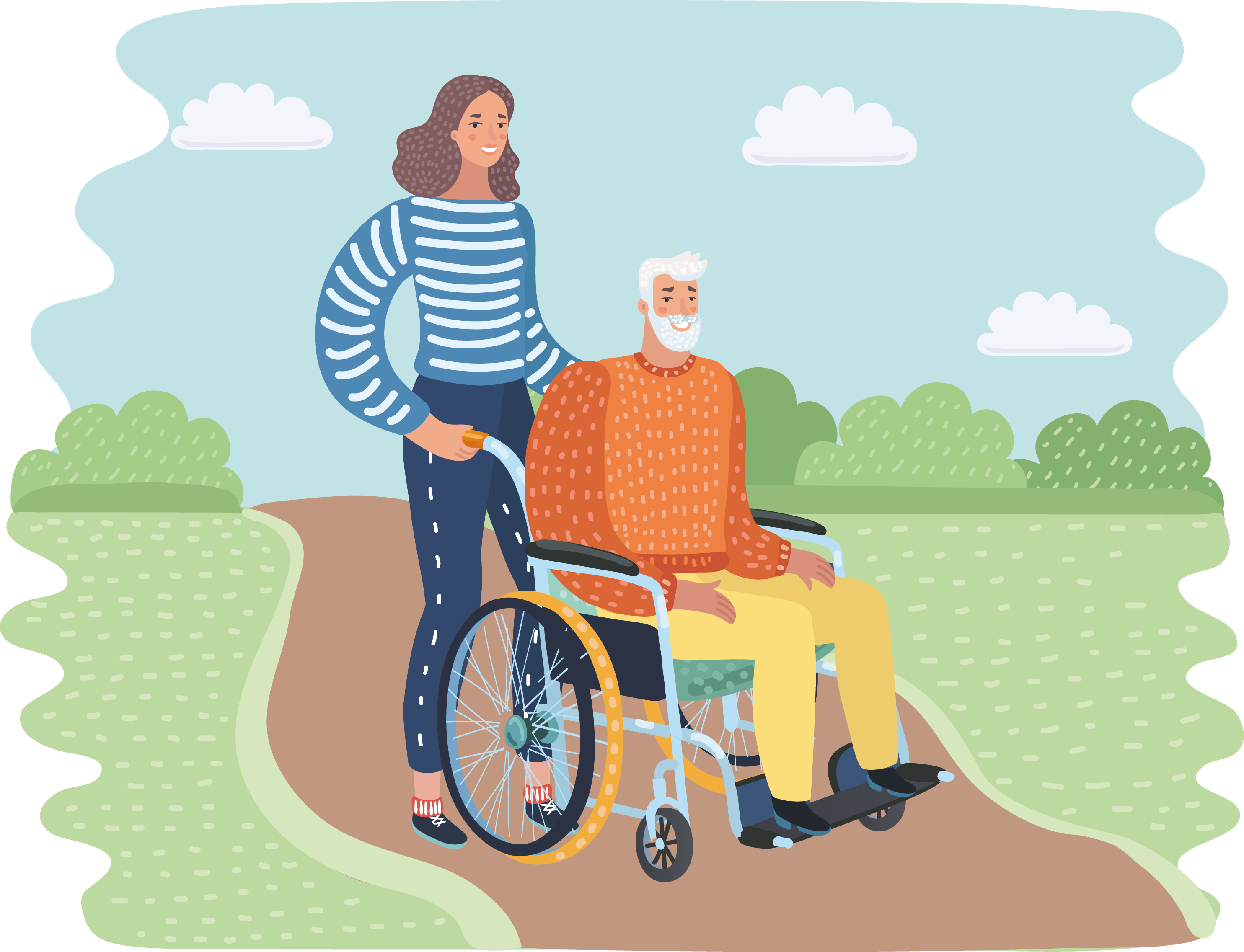 Illustration of carer pushing a man in a wheelchair
