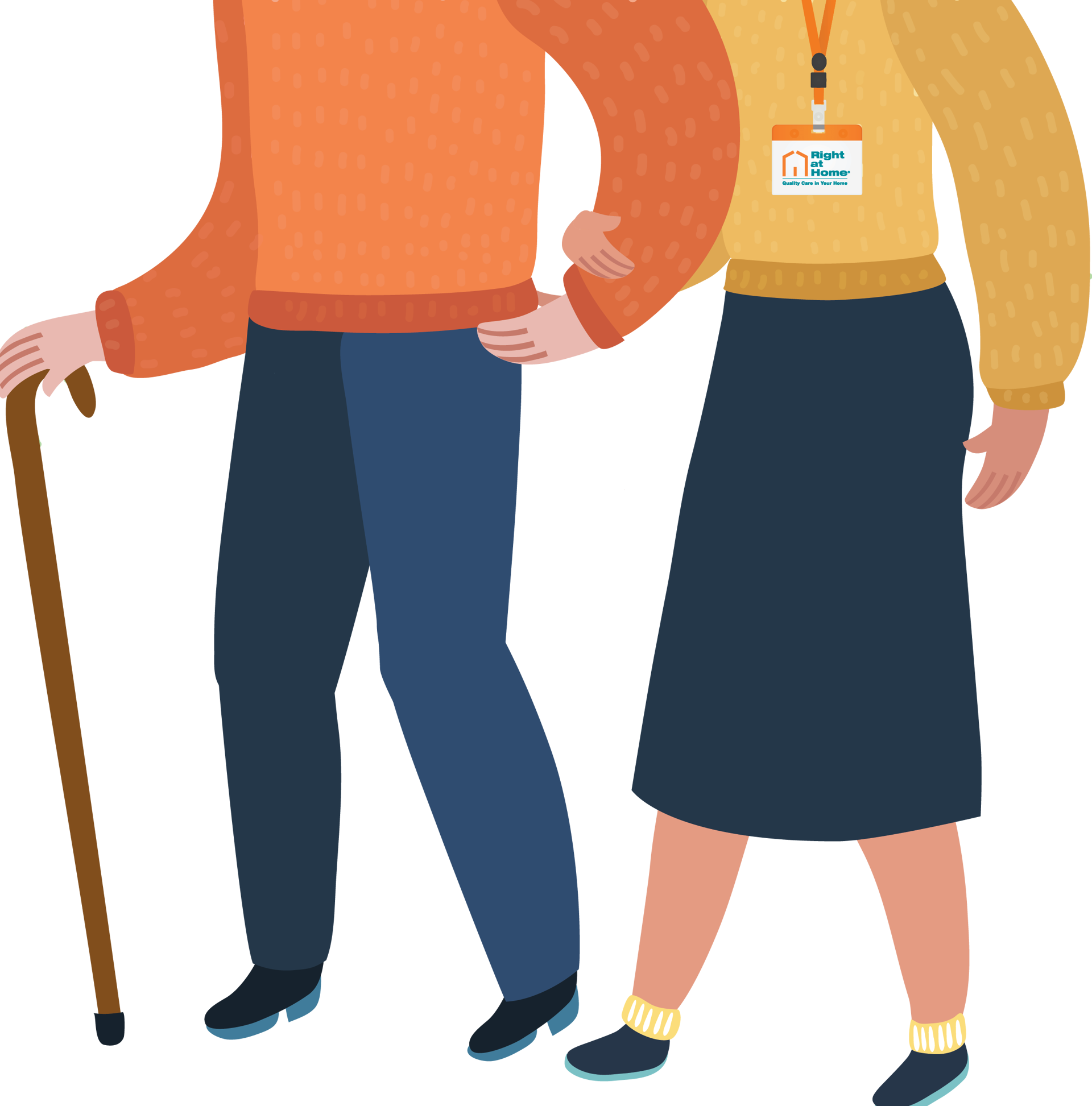 Two people walking, one assisting the other with a walking stick