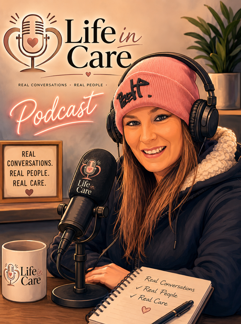 AI-generated image of Amy Coleman hosting the Life in Care podcast