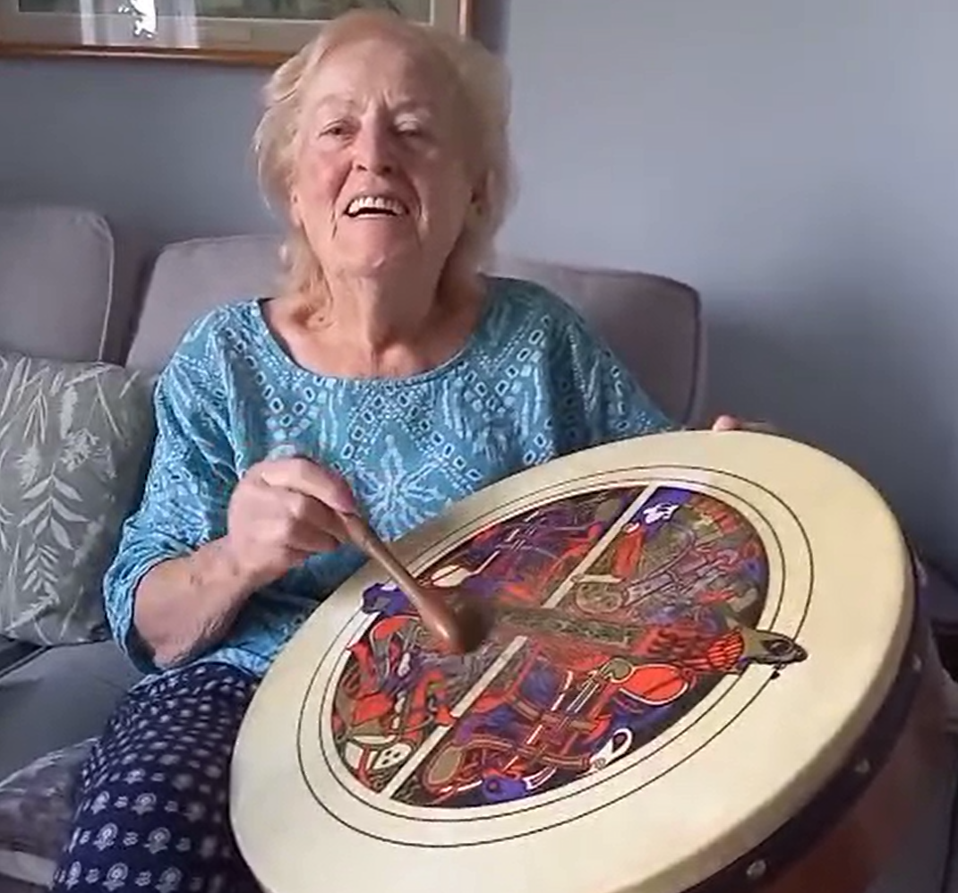 Teresa playing the Irish Drum