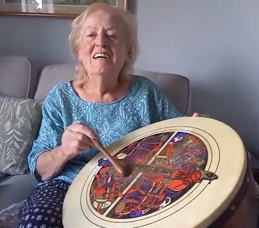 Teresa playing the Irish Drum