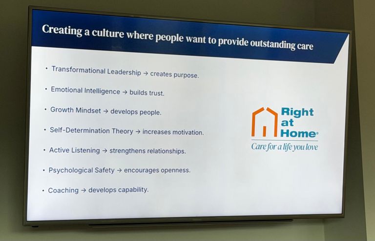 Presentation slide about Right at Home pillars of culture