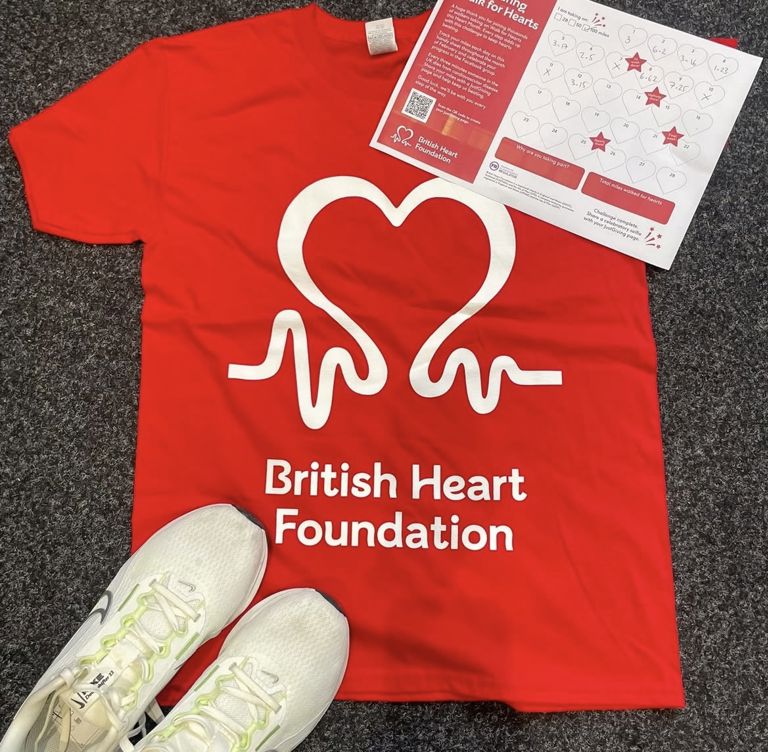 British Heart Foundation T-shirt, walking trainers and sponsorship sheet prepared for the Right at Home North Leeds, Otley & Horsforth Walk for Hearts fundraising challenge.