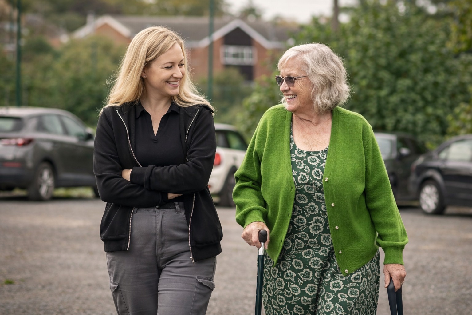A carer walking with an elderly person to an activity