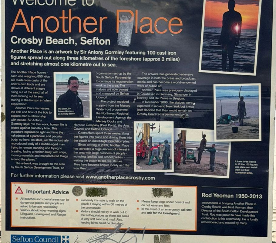 Sign at Crosby Beach for Another Place sculptures