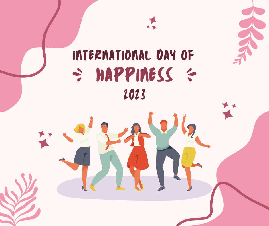 Pink International Day of Happiness with people cheering