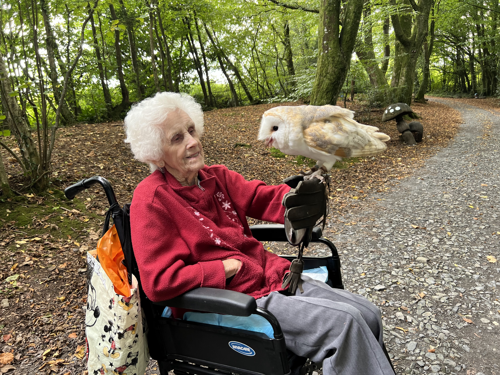 Client in wheelchair holding owl as Carers grant wish