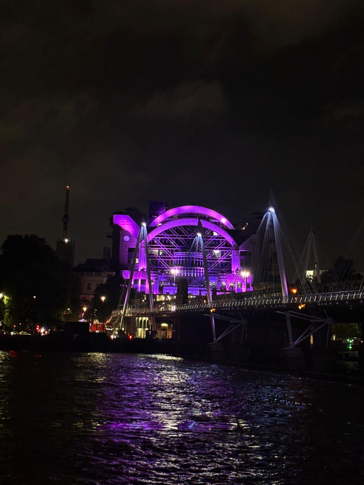 London building illuminated in MoonWalk pink