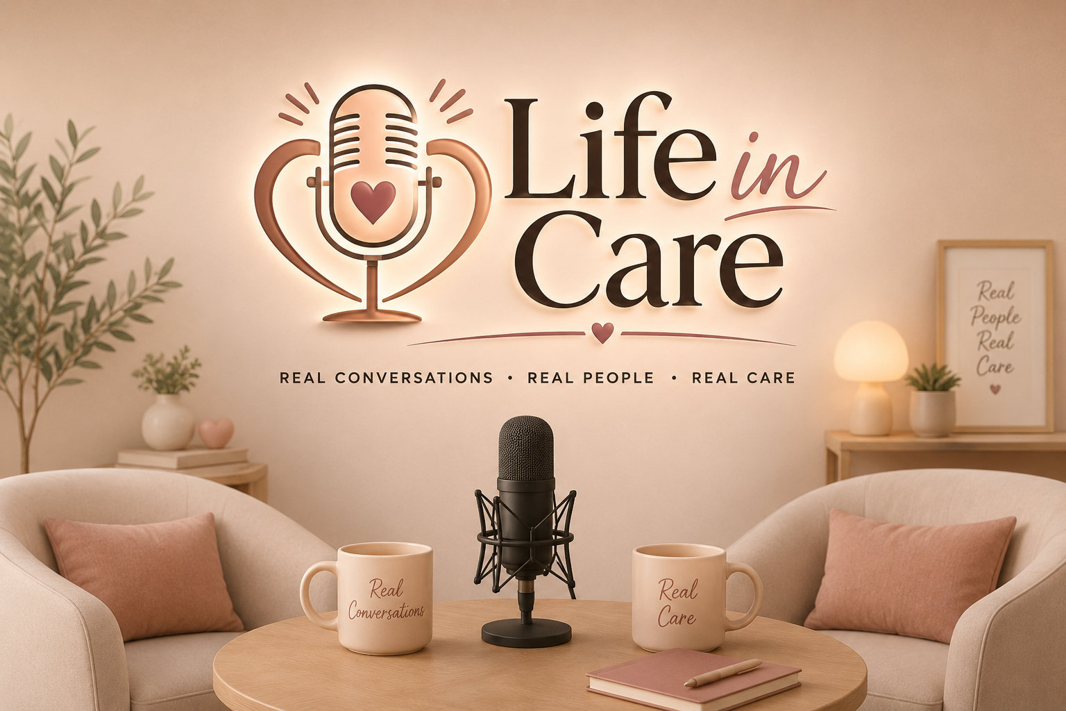 A photo of 2 comfortable chairs and a microphone in a welcoming environment